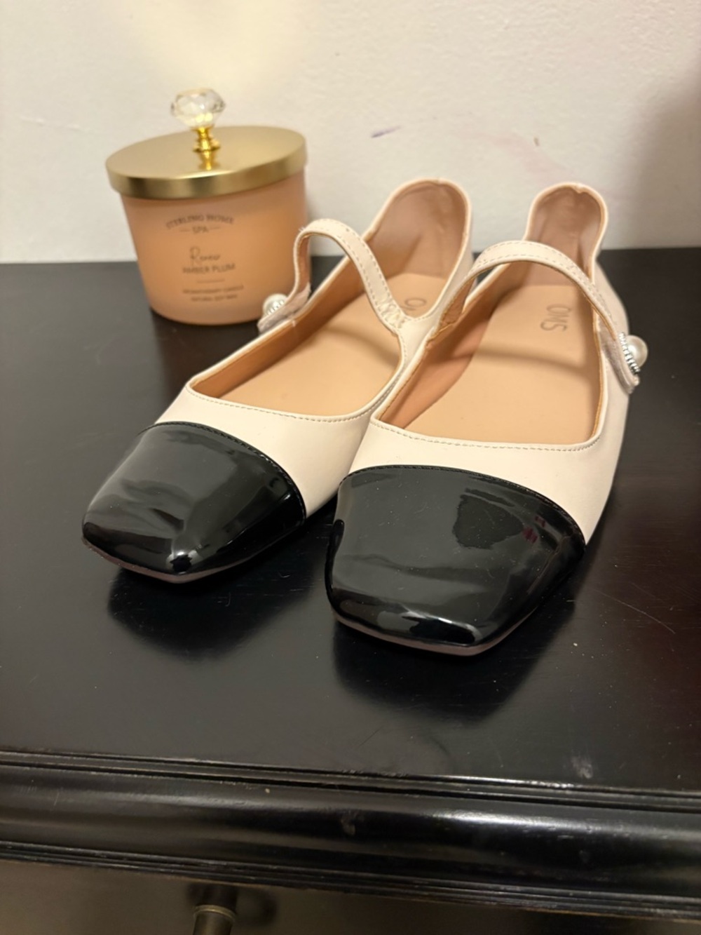 Two-Tone Mary Jane Flats in Cream with Black Patent Toe